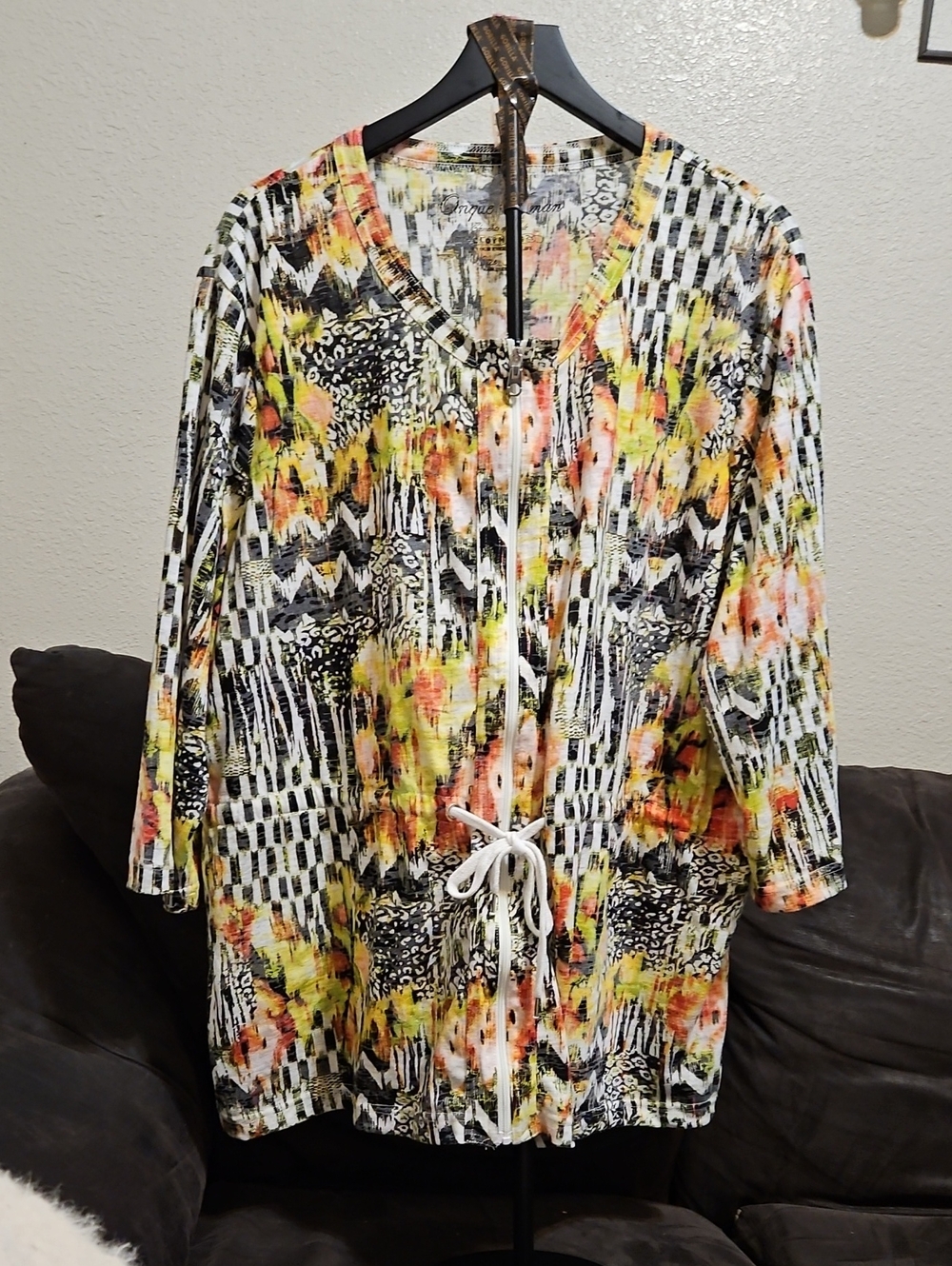 Onque Woman Multicolor Patterned Drawstring Tunic - Black White Yellow Orange